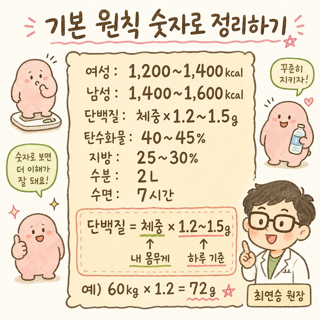 기본 원칙을 담은 공식 박스 — 여성/남성 일일 칼로리, 단백질 비율(체중×1.21.5g), 탄수화물 4045%, 지방 25~30%, 수분 2L, 수면 7시간을 명확한 숫자로