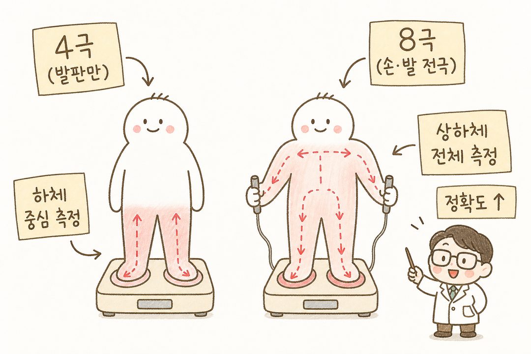 Side-by-side comparison of a 4-pole scale (platform only) and an 8-pole scale (hand/foot electrodes), visualizing current flow with arrows. The left shows a limited range focused on the lower body in dark tones; the right shows the full upper and lower body measurement range in bright tones.