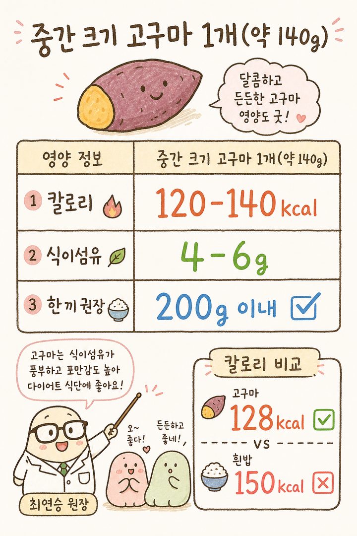 고구마 한 개(중간 크기, 약 140g)의 핵심 영양정보를 2×3 테이블로 표현. 행: 칼로리, 식이섬유, 한 끼 권장량. 셀별로 컬러 구분(칼로리=주황, 식이섬유=초록, 권장량=