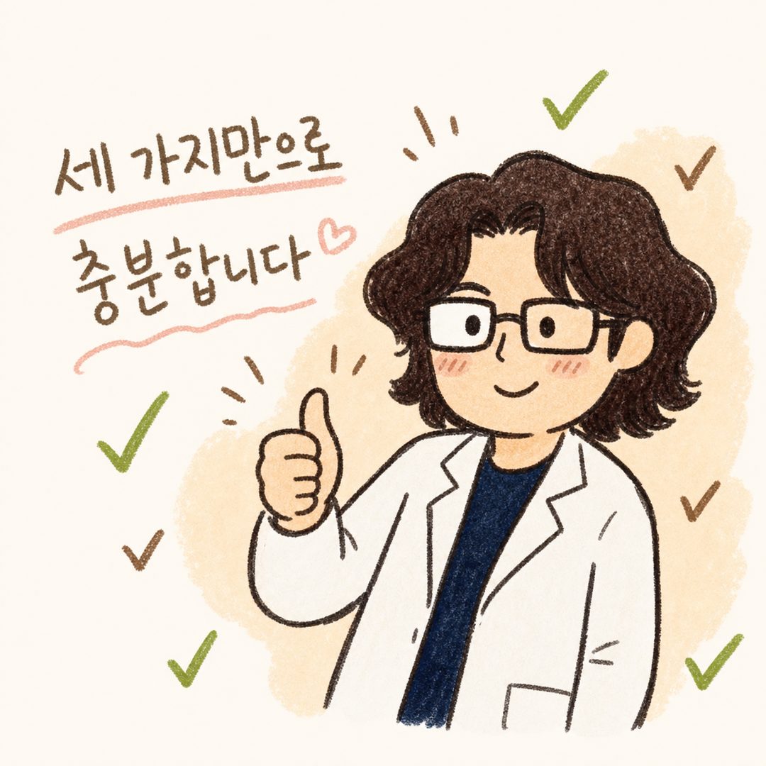 같은 의사 캐릭터가 웃는 표정으로 엄지손가락을 세우며 응원하는 포즈. 주변에 체크마크(✓)가 여러 개 떠있고, 밝은 배경색으로 긍정적이고 희망찬 분위기 연출. '충분합니다'는 말과