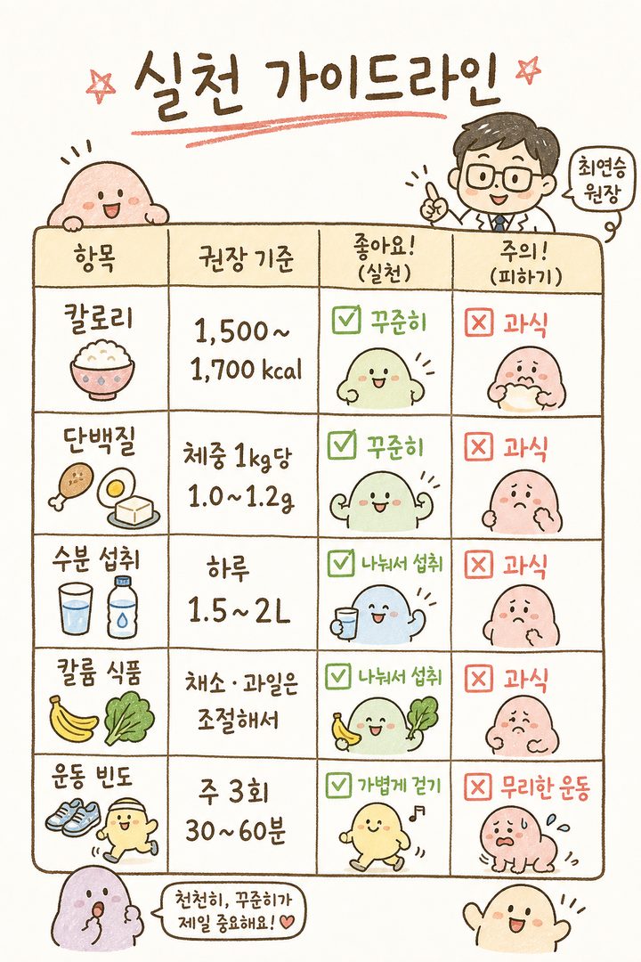 실천 가이드라인을 표 형식으로 정리. 칼로리(1,5001,700kcal), 단백질(체중 1kg당 1.01.2g), 수분(1.52L), 칼륨 식품, 유산소 운동(주 3회 30