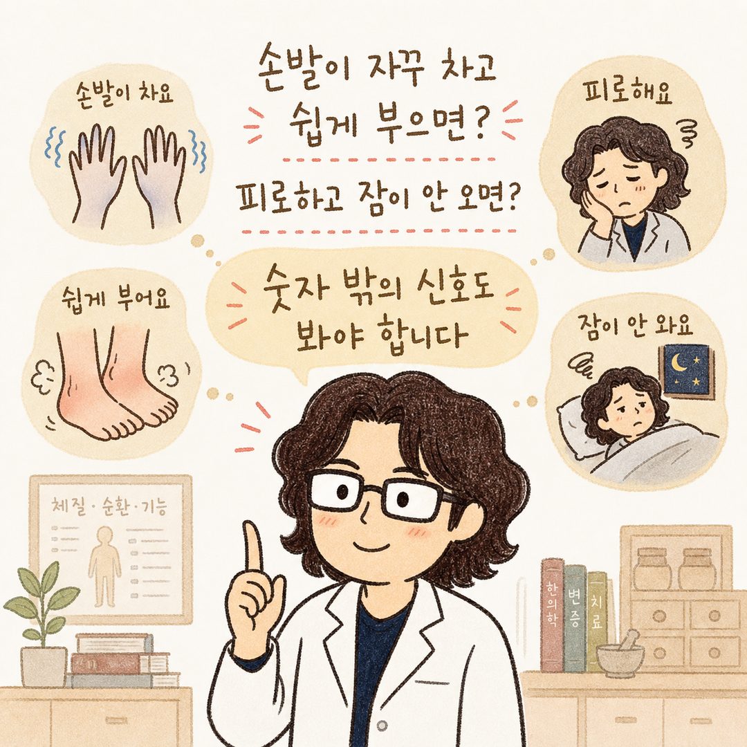 韩医师角色综合观察并讲解患者各种身体信号的场景。用小图标或文字标注手脚冰冷、水肿、疲劳感、睡眠质量下降等,医生正在一目了然地观察这些信号。