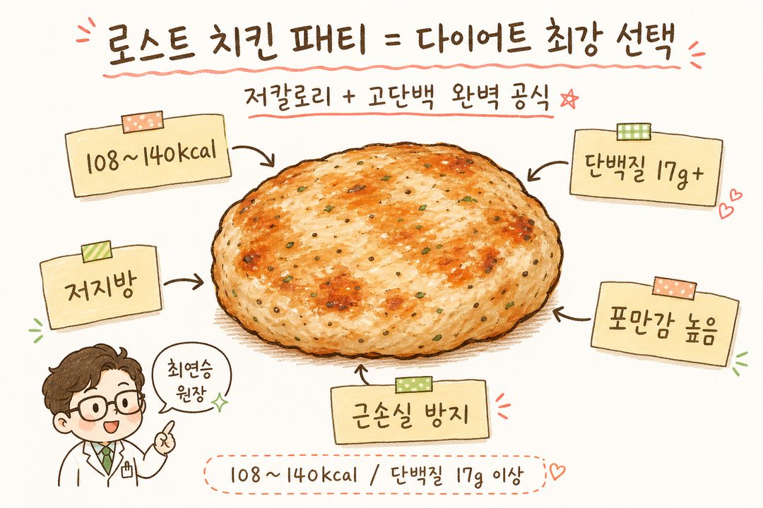 로스트 치킨 패티를 중앙에 크고 입체감 있게 묘사. 주변에 화살표와 라벨로 주요 특징 표시: '108~140kcal', '단백질 17g+', '저지방', '포만감 높음', '근손실