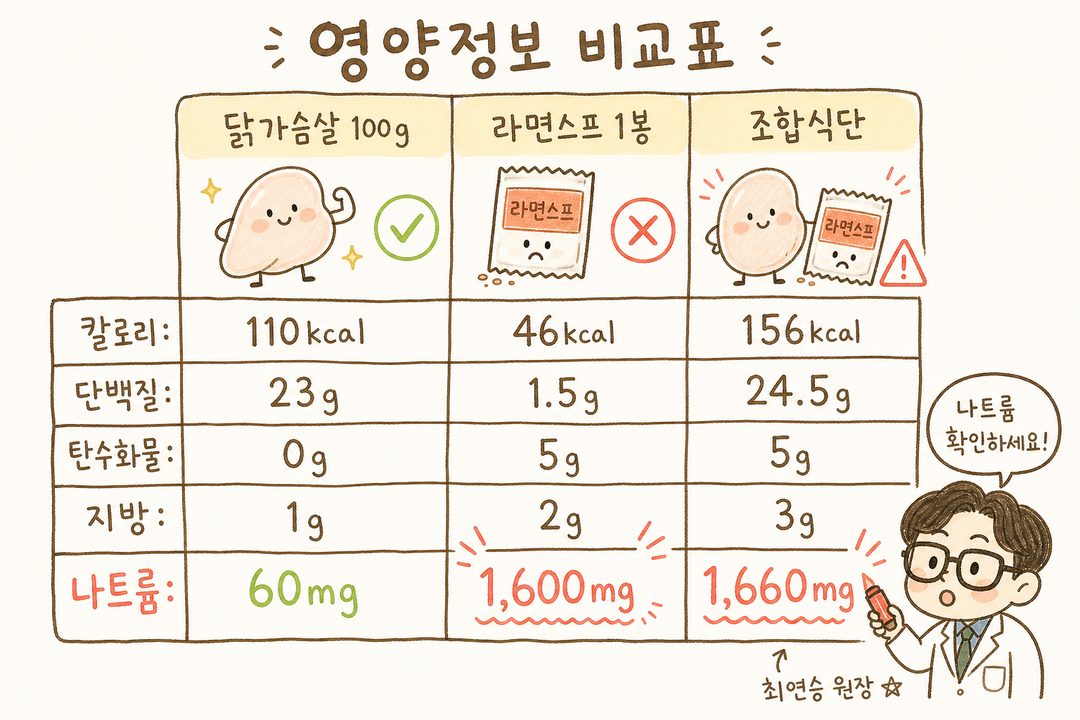 3열 비교표로 닭가슴살 100g, 라면스프 1봉지, 두 가지 조합을 나란히 표시. 행: 칼로리, 단백질, 탄수화물, 지방, 나트륨. 숫자는 크고 명확하게, 나트륨 행은 빨강 또는