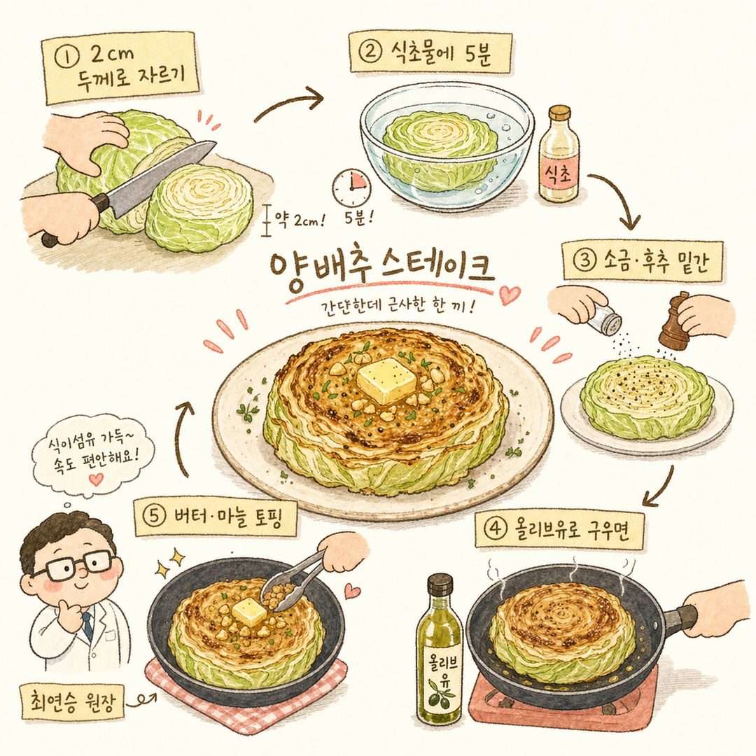 양배추 스테이크 준비 과정을 5단계로 화살표로 연결한 라벨컷으로, 양배추 자르기(2cm)→식초물 담그기(5분)→간 맞추기→팬에 구우면→마늘 버터 마무리 각 단계가 실제 손놀림과 함