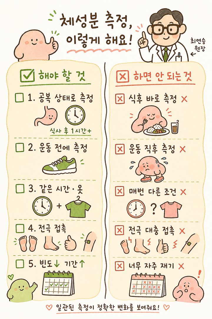 5가지 실천 포인트를 체크리스트 형식으로 표현 - ✅공복 상태로 측정(식사 후 1시간+) / ✅운동 전에 측정 / ✅같은 시간대·옷차림 / ✅전극 접촉 꼼꼼히(맨발·발뒤꿈치·엄지·