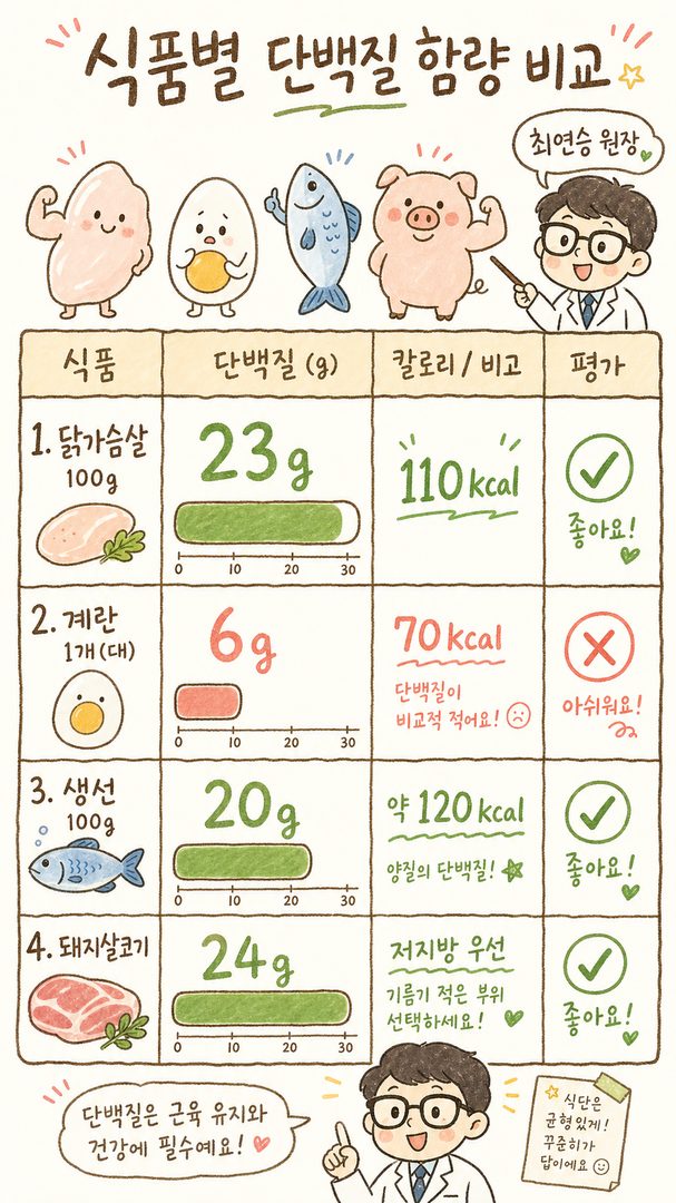 蛋白質含量食物比較表。同時標示雞胸肉、雞蛋、魚類、豬瘦肉四種食物的蛋白質含量(g)與熱量(kcal)的橫條圖或簡單表格。高蛋白、低熱量項目