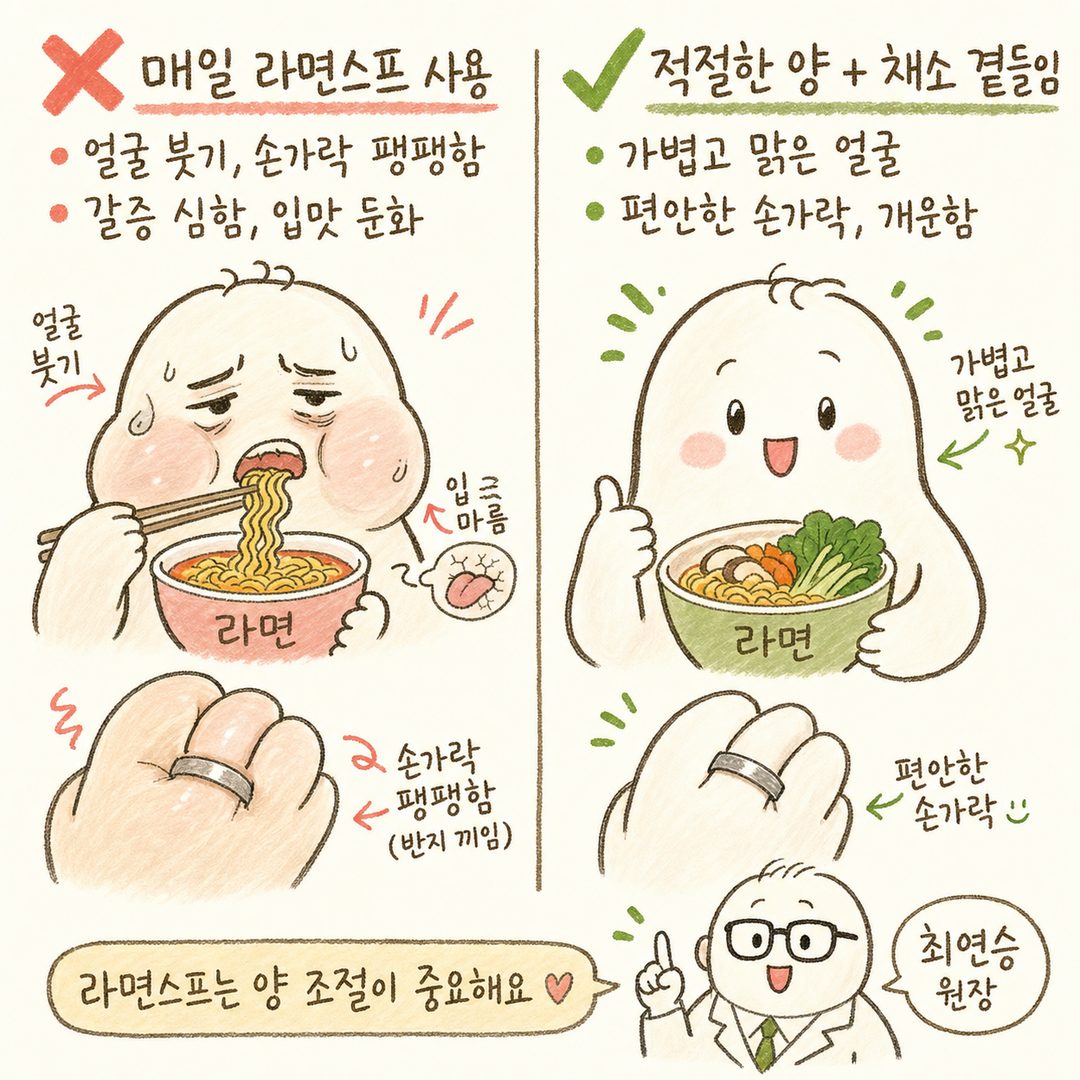 좌측 ❌: 라면스프를 매일 사용한 경우, 얼굴 붓기가 있고 손가락에 낀 반지가 팽팽한 클로즈업. 우측 ✅: 적절한 양 사용하고 채소를 곁들인 경우, 깔끔하고 가벼운 얼굴, 정상적인