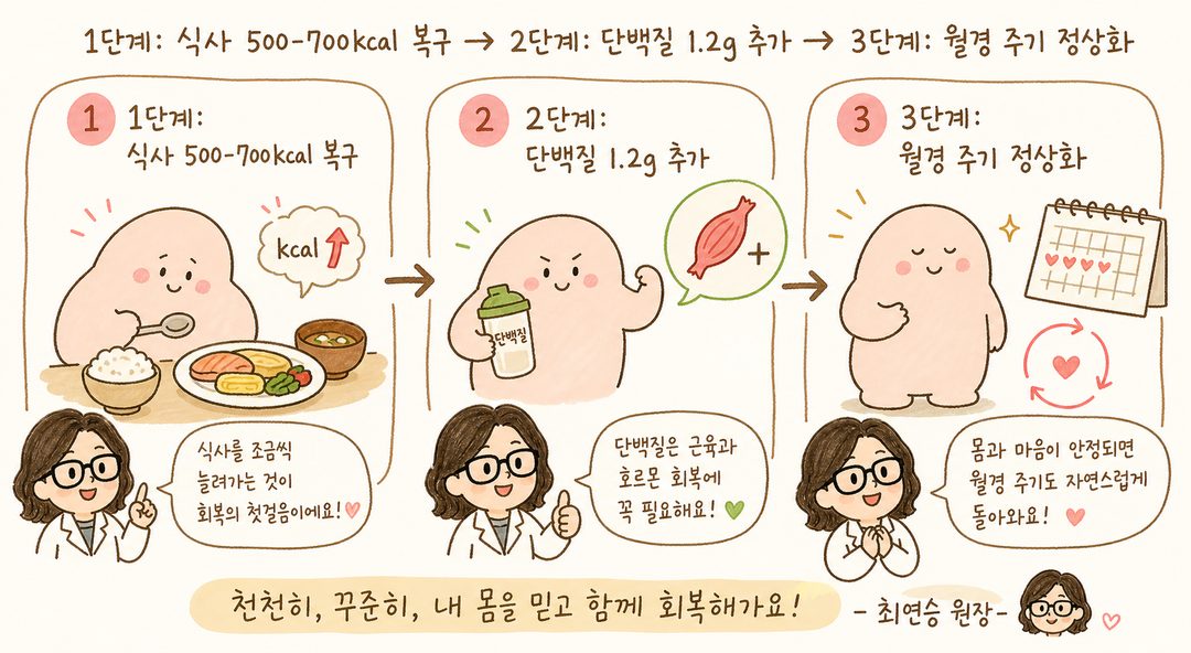 호르몬 회복의 3단계 시퀀스 — 1단계(식사량 500-700kcal 올리기) 2단계(단백질 1.2g 보충) 3단계(월경 주기 정상화) 각 단계를 화살표로 연결, 단계별 미니 캐릭터