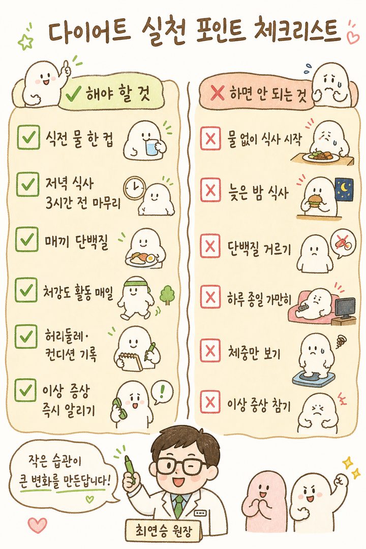 6가지 실천 포인트를 체크리스트 형식으로 정렬, ✅ 마크로 해야 할 것들을 명확히 표시하여 식전 물, 저녁식사 시간, 단백질, 운동, 기록방법, 부작용 관리를 한눈에 구분