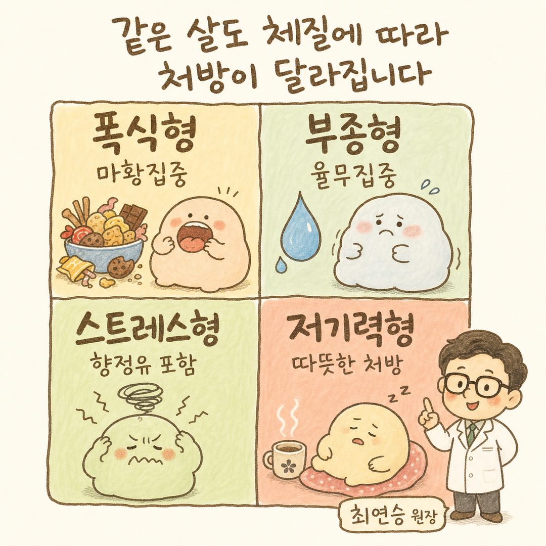 2×2 분류 그리드: (1)폭식형-마황집중, (2)부종형-율무집중, (3)스트레스형-향정유 포함, (4)저기력형-따뜻한 처방. 각 박스에 대표 아이콘과 특징 1줄씩. 체질별 다른 