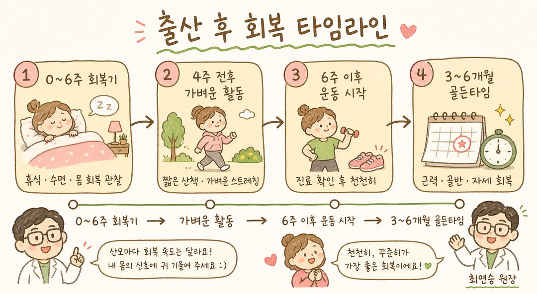 출산 후 고민하는 산모가 거울 앞에서 자신의 몸을 바라보며 걱정하는 모습. 그 옆에는 따뜻한 표정의 한의사가 함께 있어 격려와 신뢰감을 전달하는 상담 장면. 회복의 여정을 함께 시