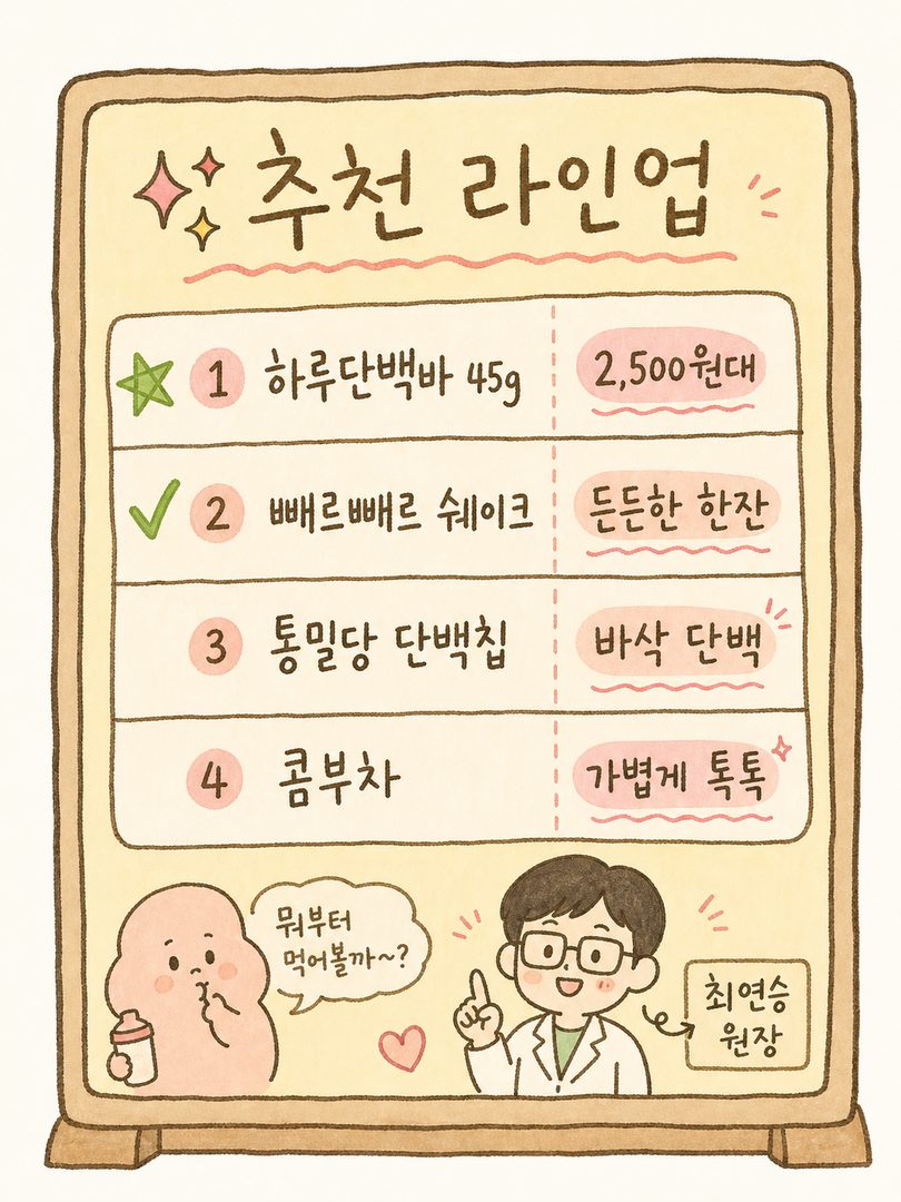類似 Olive Young 貨架的菜單板風格。在「推薦清單」標題下,以卡片形式排列產品名稱與價格(每日蛋白質棒約 2,500 韓元、Ppere Ppere 奶昔、通麥堂蛋白質脆片、康普茶)。