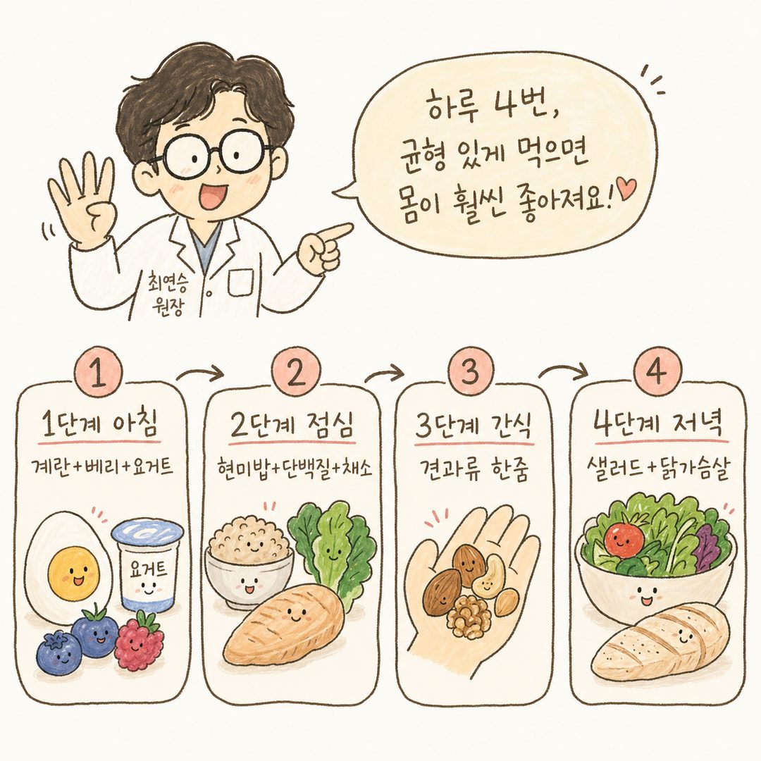 의사 캐릭터가 하루 4끼 식사 각 단계를 손가락으로 세며 설명하는 장면 — 1단계(아침: 계란+베리), 2단계(점심: 현미밥+단백질+채소), 3단계(간식: 견과류), 4단계(저녁:
