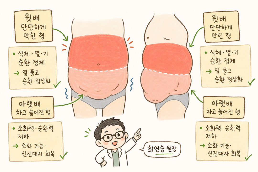 Front and side view diagram of the abdomen. Top: Front silhouette clearly distinguishing a firm upper belly (red highlight) vs. a cold, sagging lower belly (orange highlight) using colors. Labels connected to each part with arrows.