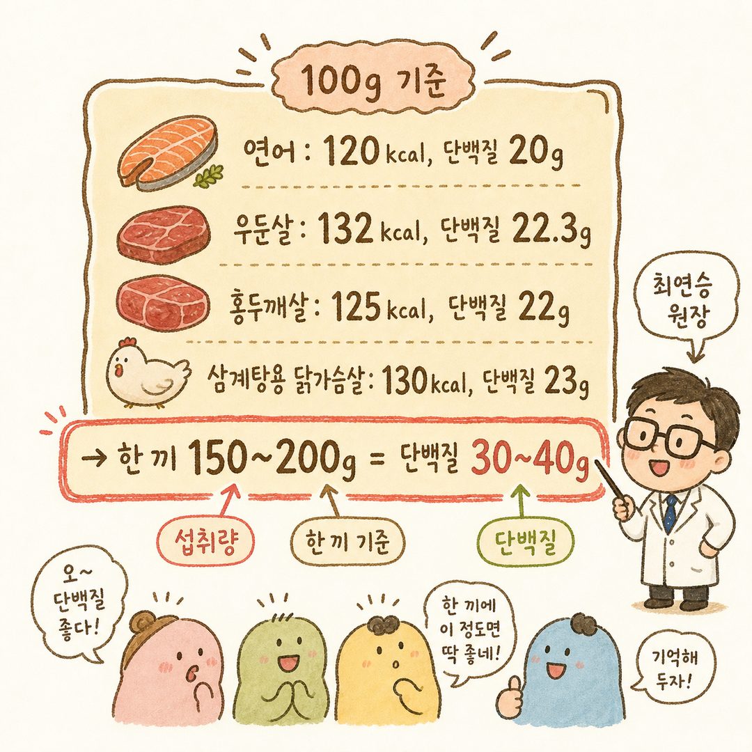 단백질·칼로리 정보 박스: 연어·우둔살·홍두깨살·삼계탕용 닭가슴살 등을 100g 기준으로 정렬하고, 각각의 칼로리(120132kcal)와 단백질(약 2023g)을 수식 형태로