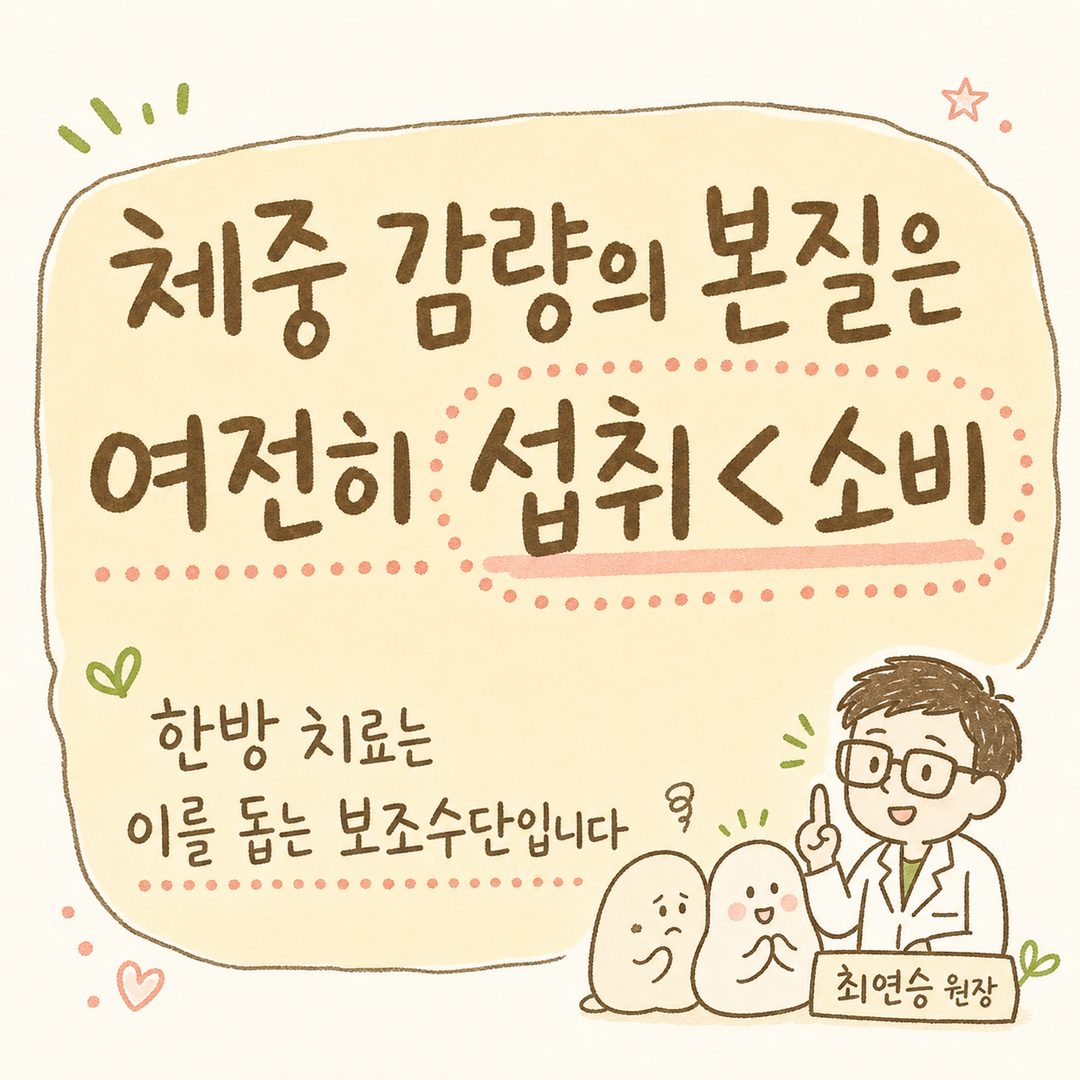 원장의 진료 철학을 담은 핵심 인사이트를 큰 글귀로 강조하는 컷. '체중 감량의 본질은 여전히 섭취 < 소비'라는 메시지를 큼지막한 폰트로 배치. 배경은 부드러운 오렌지 또는 연한