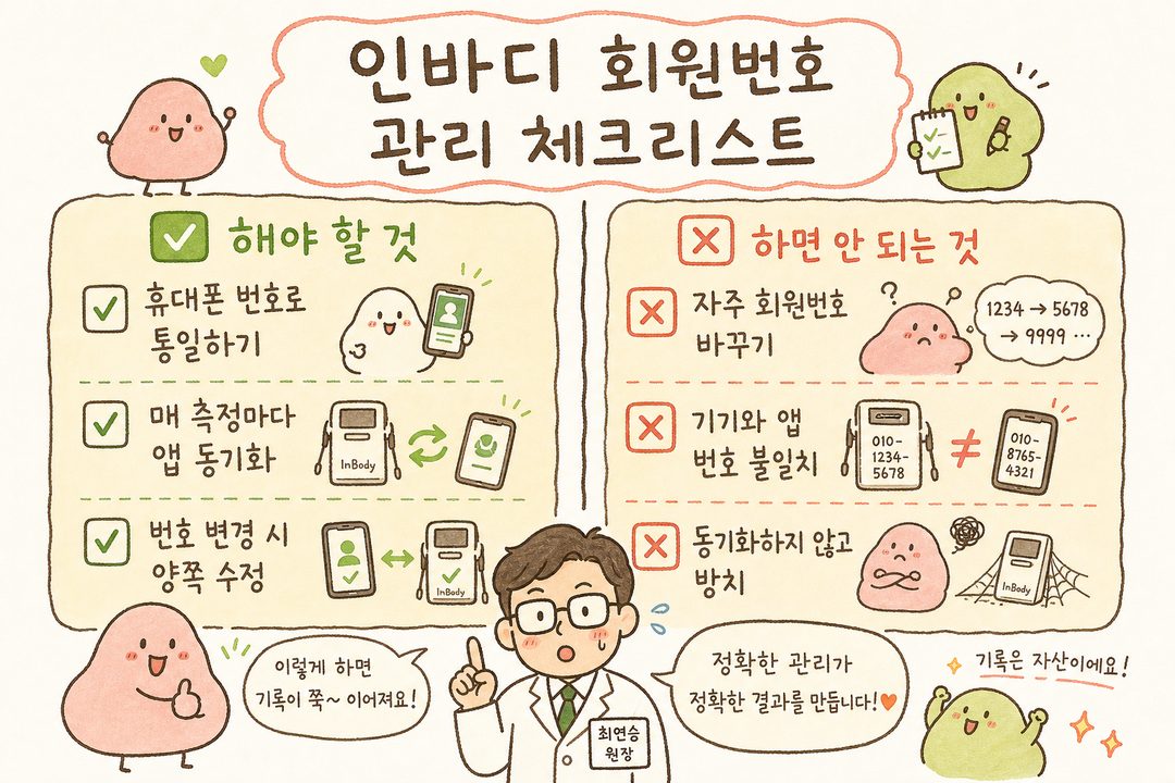 Hình ảnh minh họa danh sách kiểm tra 2 cột về những việc nên làm và không nên làm khi quản lý mã thành viên InBody. Bên trái ✅ màu xanh là các khuyến nghị, bên phải ✗ màu đỏ là các hành động nên tránh