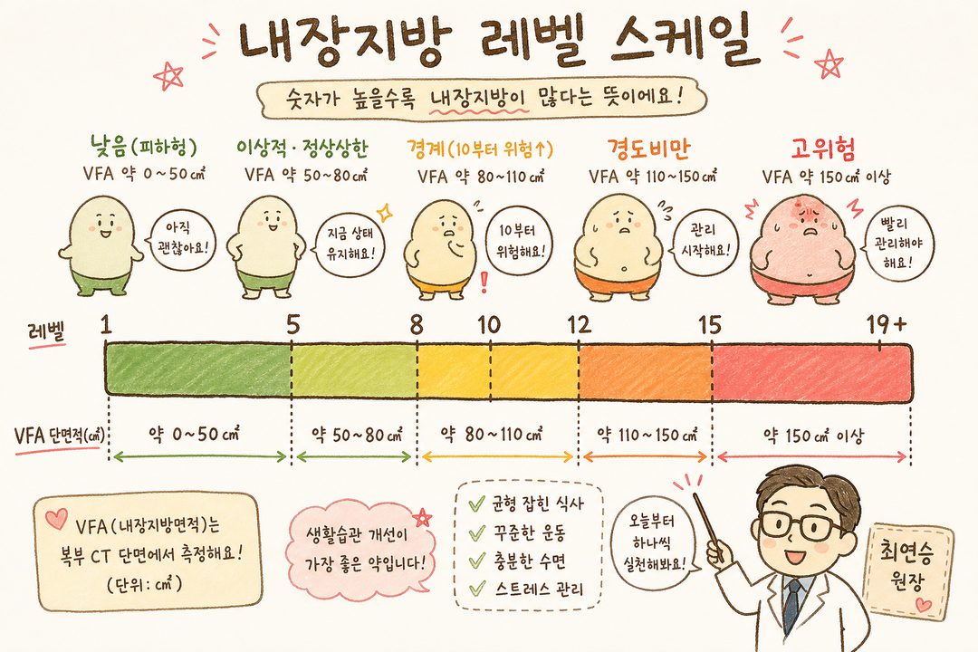 Visceral fat levels 1-20 represented on a visual gauge scale. Each section is marked with a color gradient (green→yellow→orange→red) with evaluations for each level (low/normal/high).