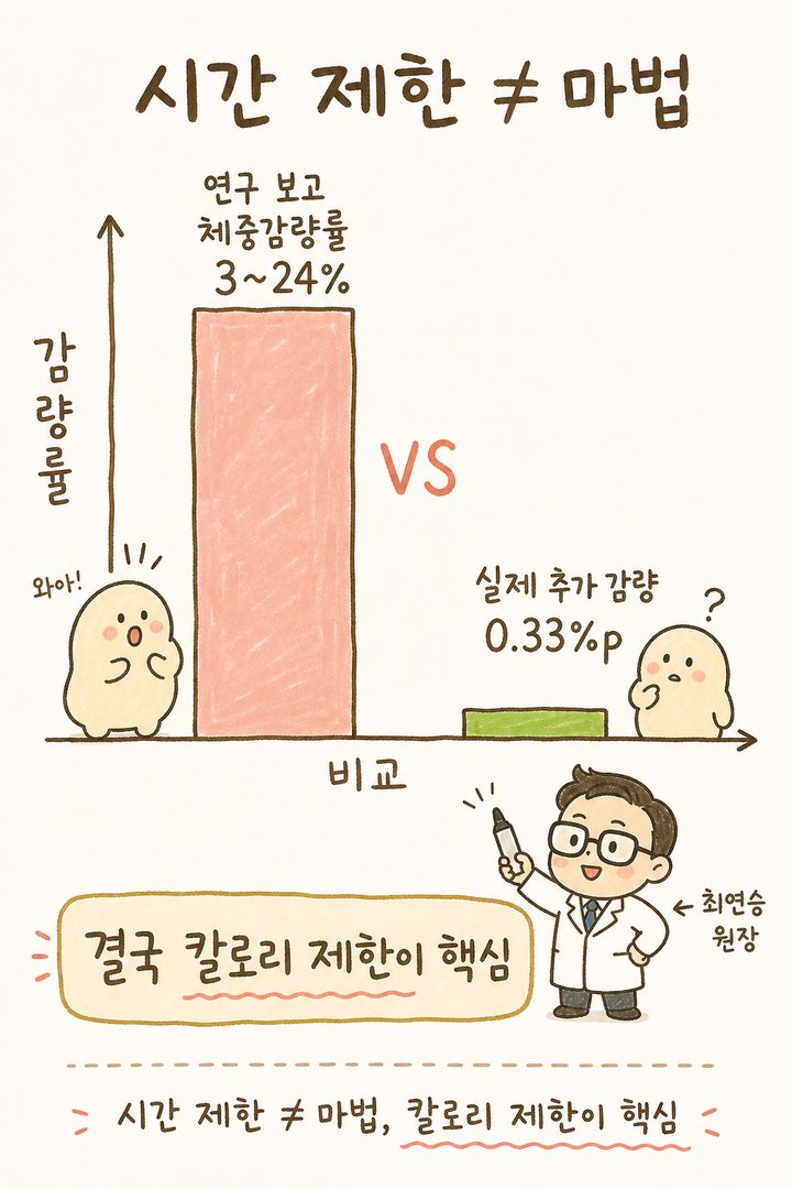 좌우 비교 막대그래프. 왼쪽 높은 막대: 연구 보고된 체중감량률 3~24% 범위. 오른쪽 낮은 막대: 다른 식단 대비 추과적 감량 0.33%p. 시각적 낙차로 기대와 실제의 차이를