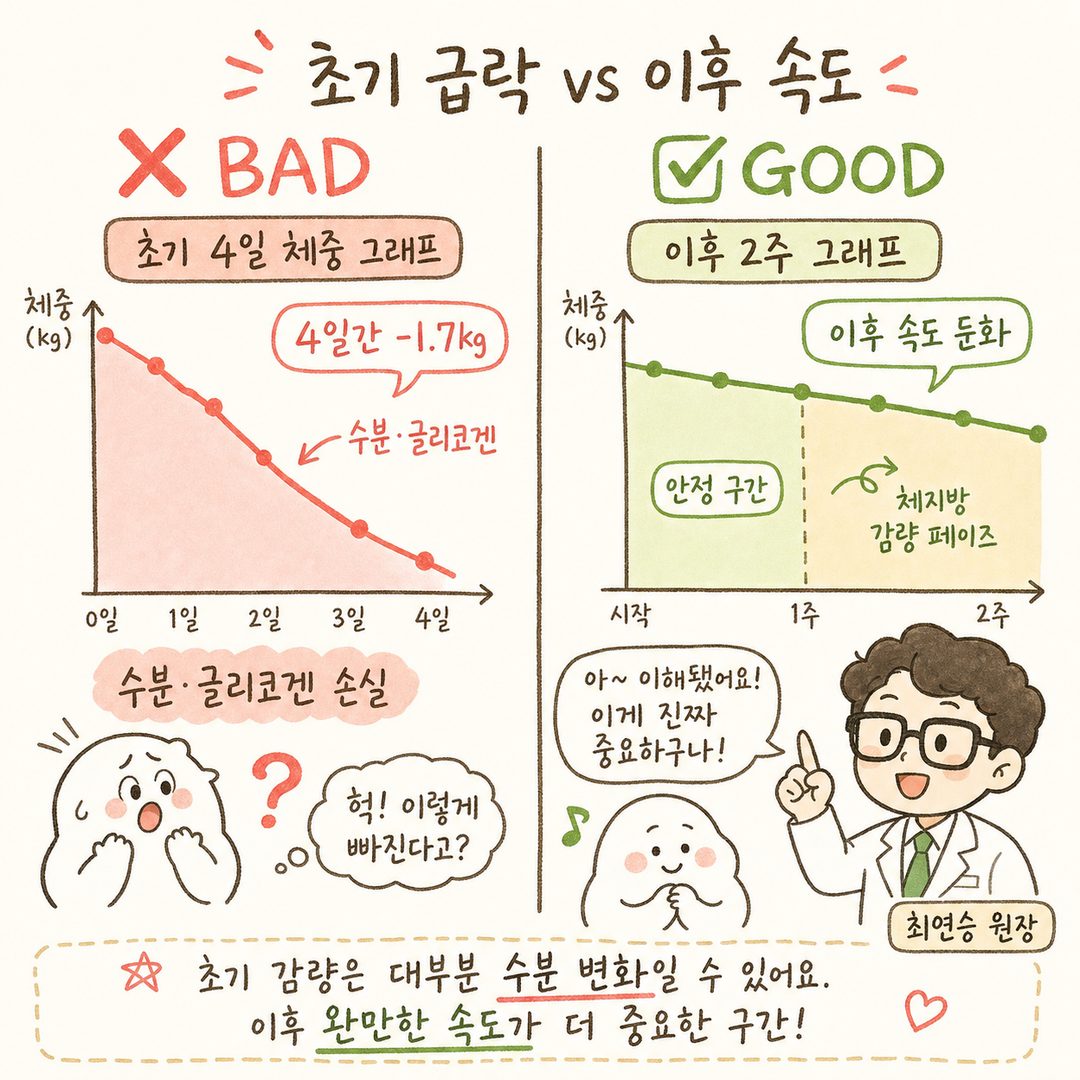 좌측 ❌ 초기 4일 체중 그래프(급락선) vs 우측 ✅ 이후 2주 그래프(완만한 속도)를 꺾은선 차트로 표현, 수분·글리코겐 손실 구간과 안정 구간을 색상 구분