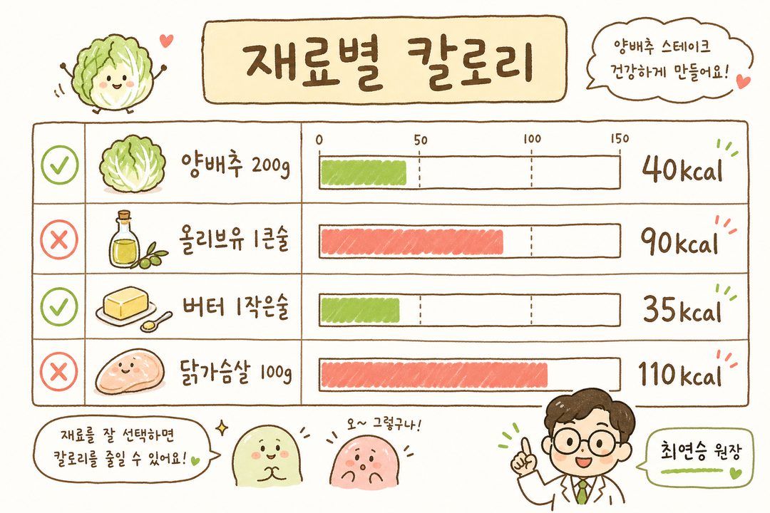 양배추 스테이크의 주요 재료별 칼로리를 가로 막대 형식의 비교표로 시각화한 영양정보 차트로, 양배추·올리브유·버터·닭가슴살 각각의 칼로리가 명확한 수치로 표시됨