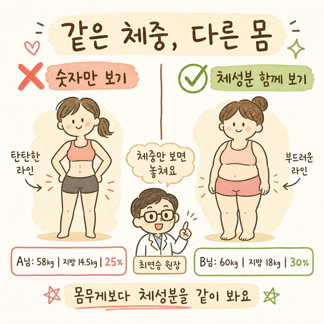 ✓A님(좌측)과 B님(우측) 두 여성 신체 실루엣 비교. A님은 탄탄한 체형(체지방률 25%), B님은 부드러운 체형(체지방률 30%). 각 인물 아래에 체중, 체지방량, 체지방률