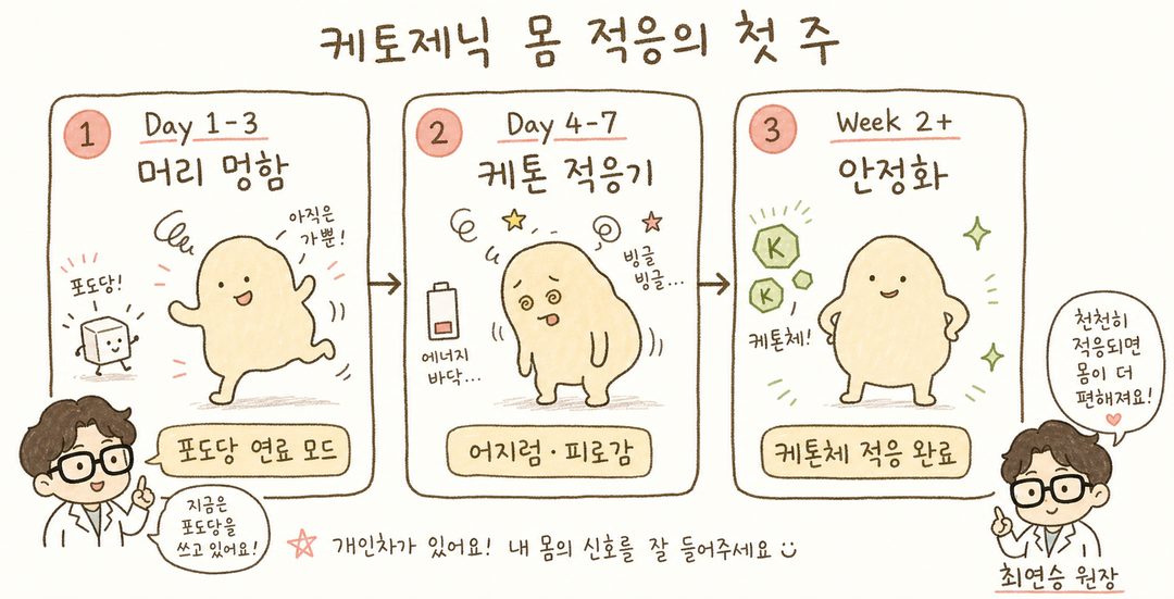 A 3-step sequence showing the physical adaptation stages of the first week of keto — a character showing different states at each stage. Stage 1: Glucose fuel state (active), Stage 2: Dizziness/fatigue (blurred expression),