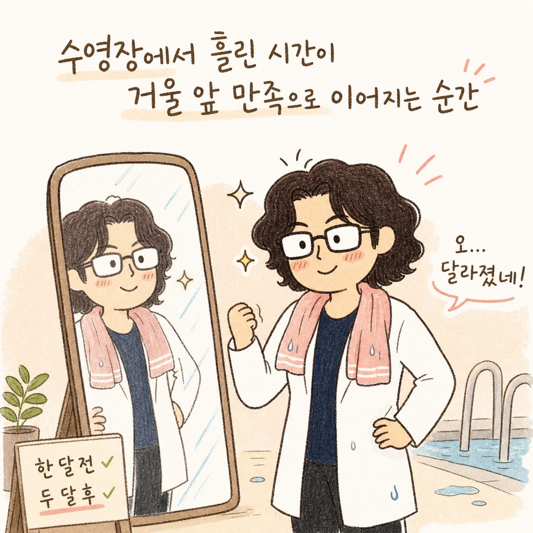 수영장을 나온 캐릭터가 거울 앞에서 한 달, 두 달의 노력의 결과로 체형이 변화된 모습을 보며 만족스럽게 웃고 있는 장면. 신체 변화(살이 정리된 모습, 자세 개선, 자신감 있는