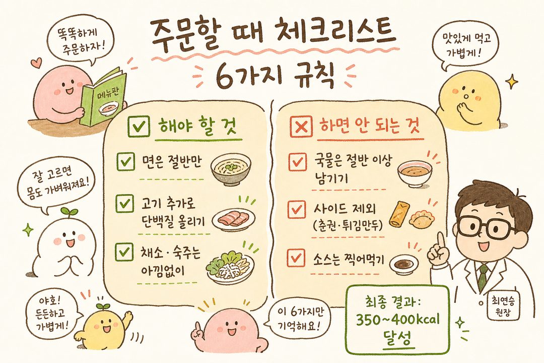 체크리스트 형식으로 6개 항목: ☑면은 절반만 / ☑고기 추가로 단백질 올리기 / ☑채소·숙주는 아낌없이 / ☑국물은 절반 이상 남기기 / ☑사이드 제외(춘권·튀김만두) / ☑소스