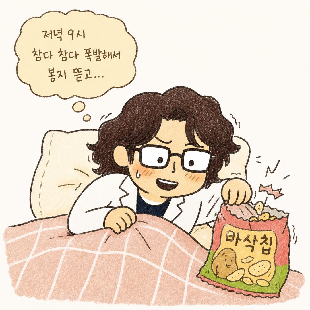 캐릭터가 밤 9시, 침대에 누워 있고 옆에 봉지 과자가 있으며 '참다 참다 폭발해서' 봉지를 뜯는 유혹과 갈등하는 표정 표현 — 다이어트 여정의 시작점을 보여주는 공감 장면