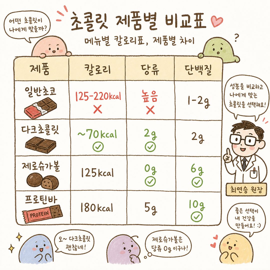 4가지 초콜릿 제품의 비교표: 일반초코과자(125-220kcal, 당류 높음), 다크초콜릿 70%(약 70kcal, 당 2g), 제로슈가 볼(125kcal, 0g, 단백질 6g),