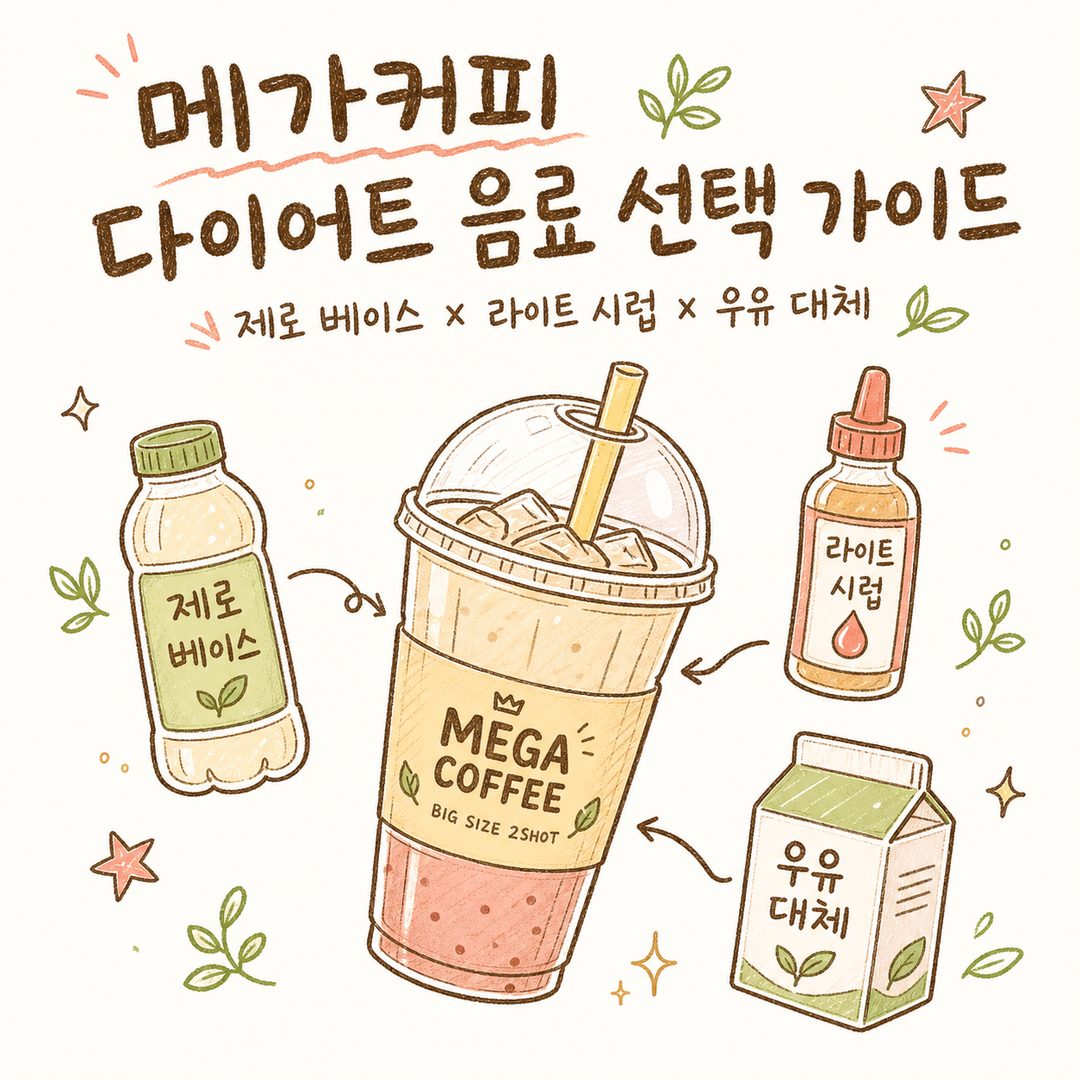 다이어트 메가커피 음료 — 제로 베이스와 시럽 옵션, 라이트 라떼 한눈에