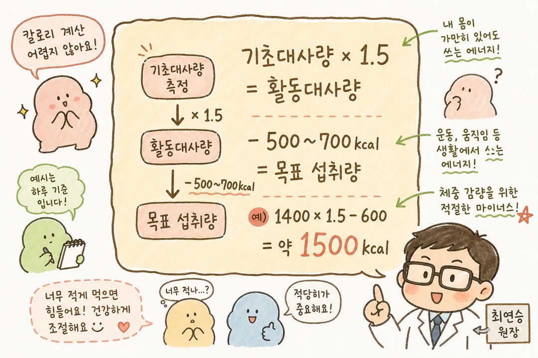 단계별 칼로리 계산 공식 박스. 화살표로 흐름 표시: 기초대사량 측정 → ×1.5 → 활동대사량 → -500~700kcal → 목표 섭취량. 구체적 예시 수치 포함(1400→210