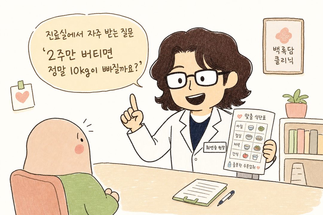 穿著診療服的女醫師角色,以親切且認真的表情看著患者,一手拿著食譜進行諮詢的場景。在色調溫暖的診間背景中,傳達出具信賴感的醫療專業形象。