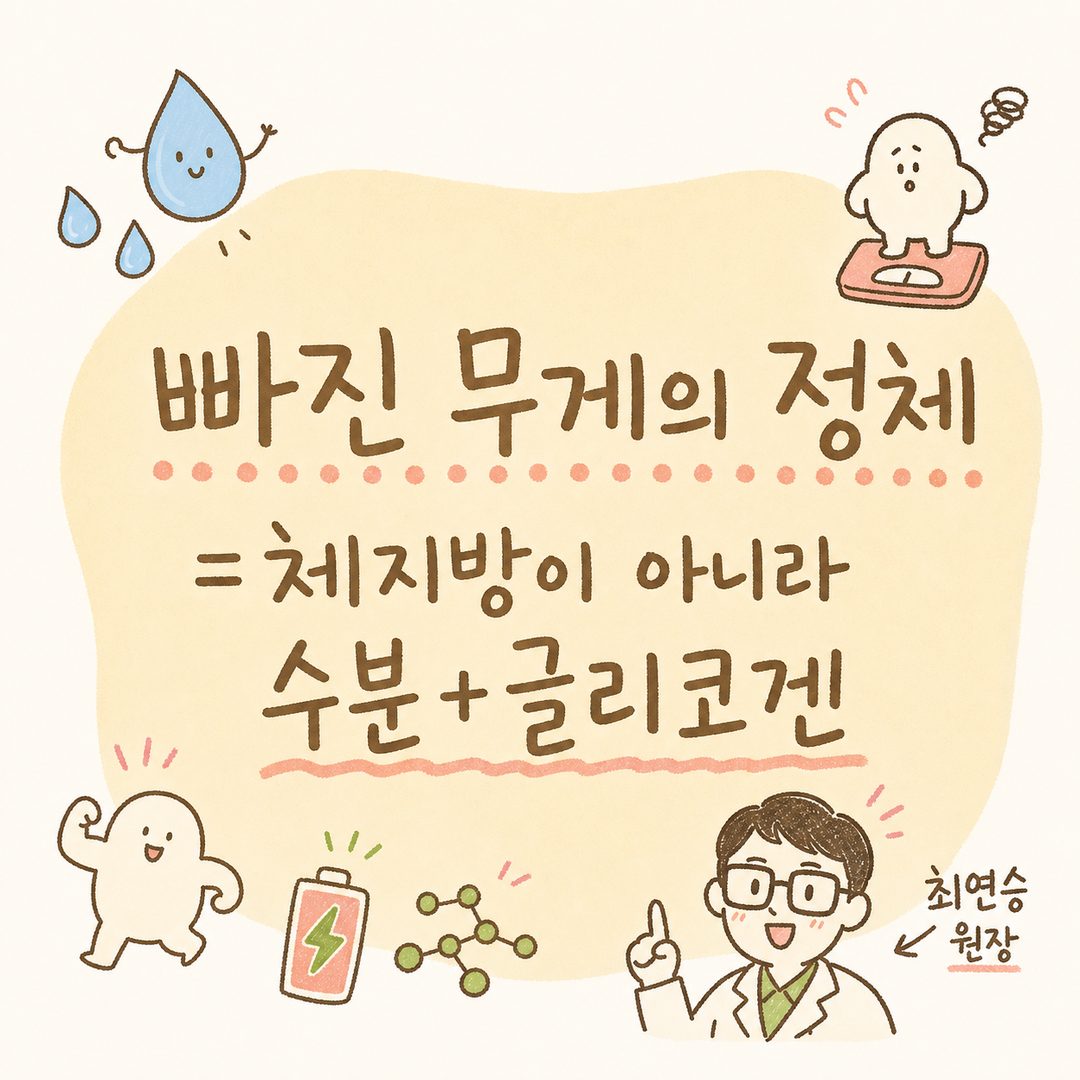 큼직한 핵심 문장을 파스텔 박스 배경에 배치: 중앙 텍스트, 주변에 수분/글리코겐 아이콘(물방울, 에너지 기호) 작게 표시