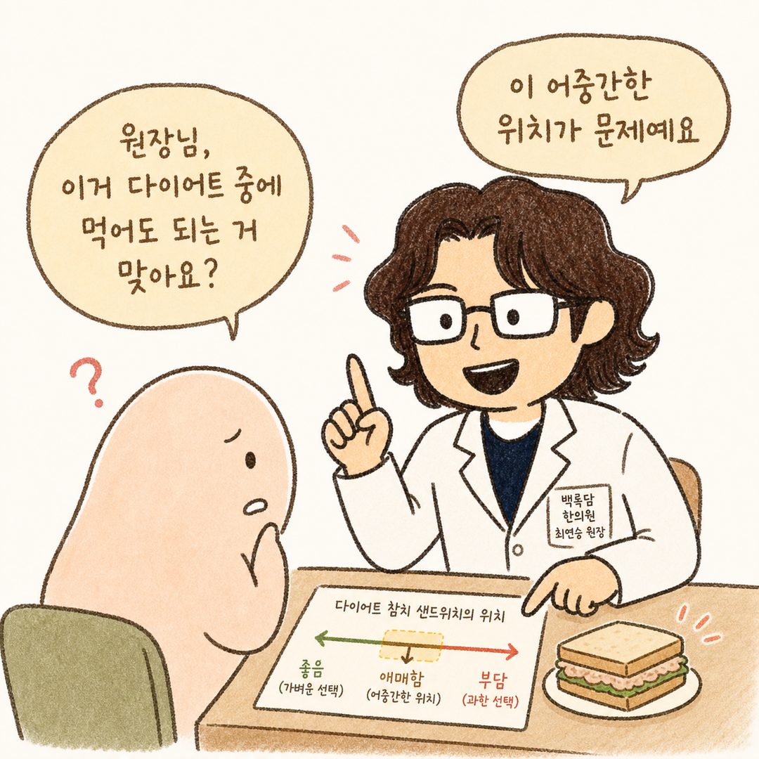 Baekrokdam Korean Medicine Clinic director character explaining to a patient in the consultation room, 'This ambiguous position is the problem,' highlighting the tricky nature of a diet tuna sandwich.