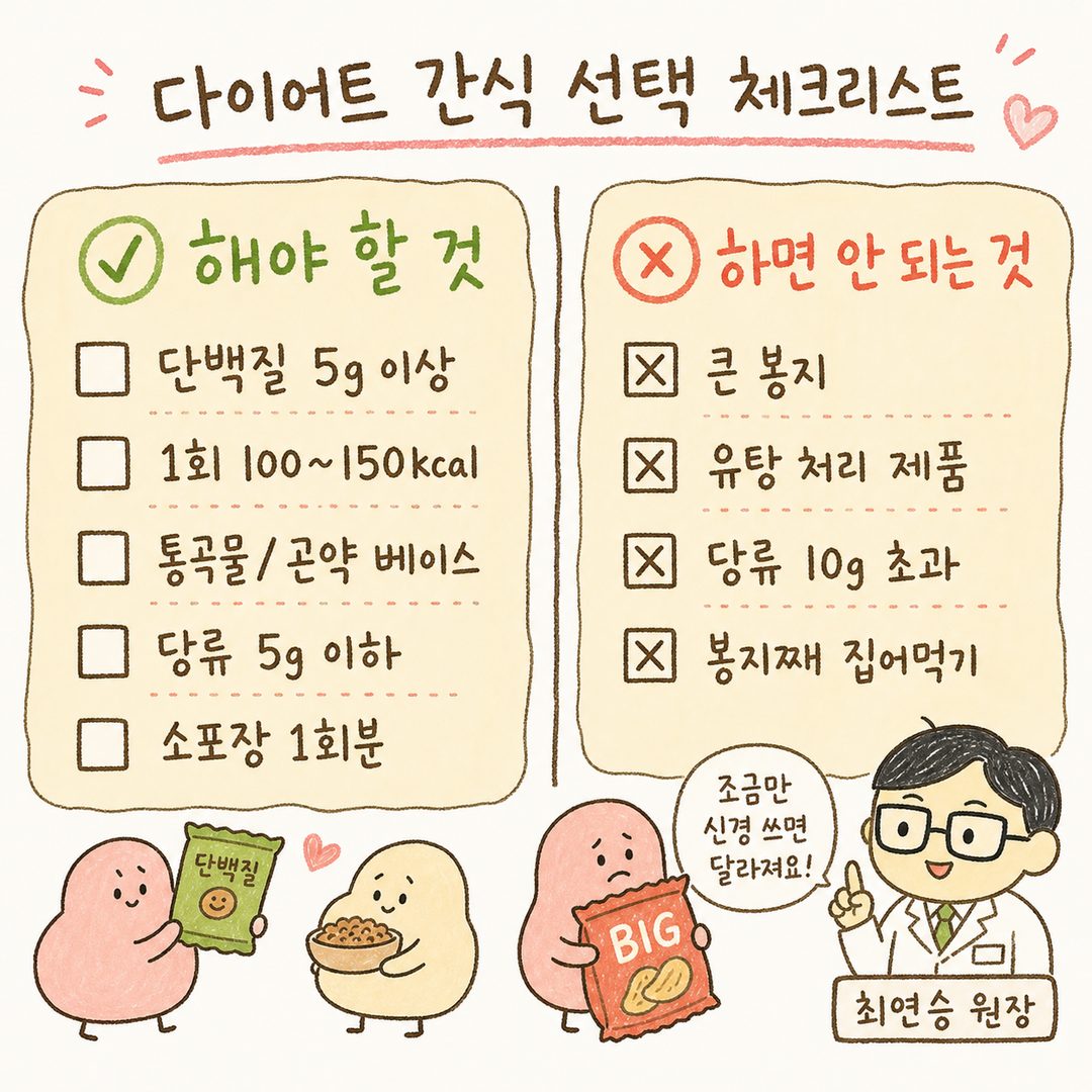 다이어트 간식 선택 체크리스트 — 좌측에 '✅ 해야 할 것'(단백질 5g 이상, 100~150kcal, 통곡물/곤약, 당류 5g 이하, 소포장)과 우측에 '✗ 하면 안 되는 것'(