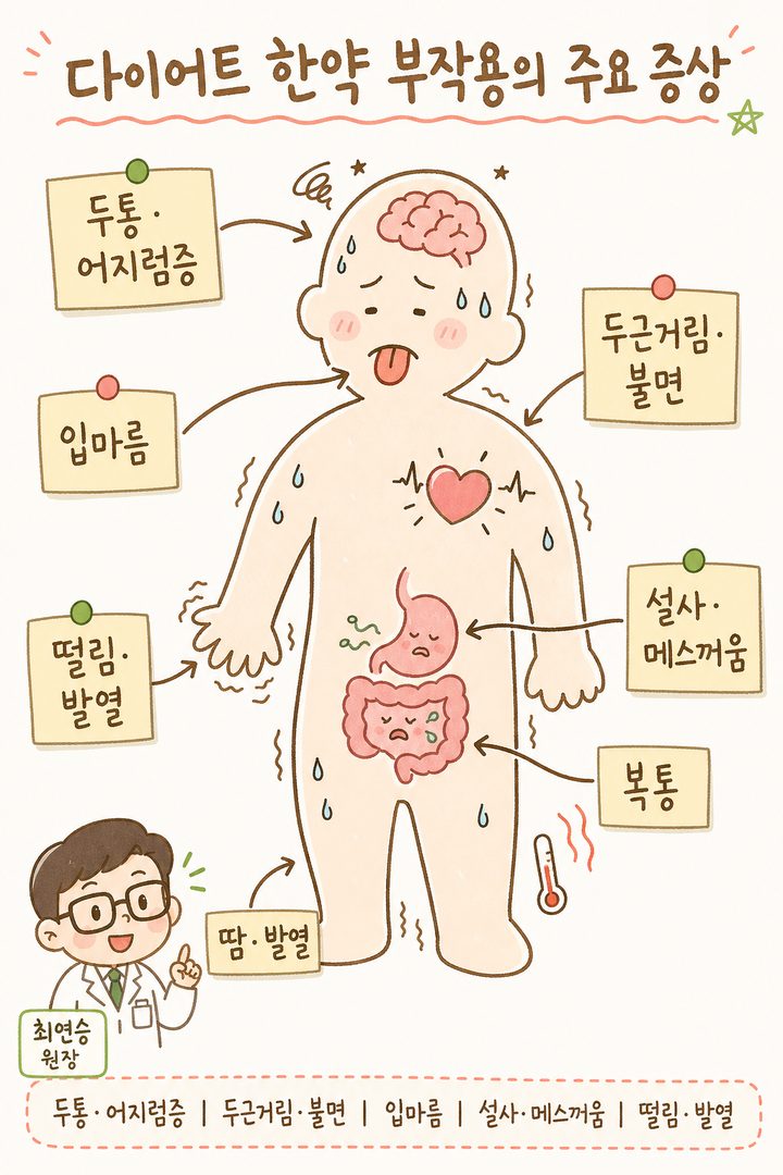 인체 실루엣(정면 또는 측면)에 화살표와 라벨로 6가지 주요 증상을 가리키는 시트. 머리 부분(두통·어지럼증), 심장(두근거림·불면), 손(떨림), 소화기 부위(설사·메스꺼움·복통