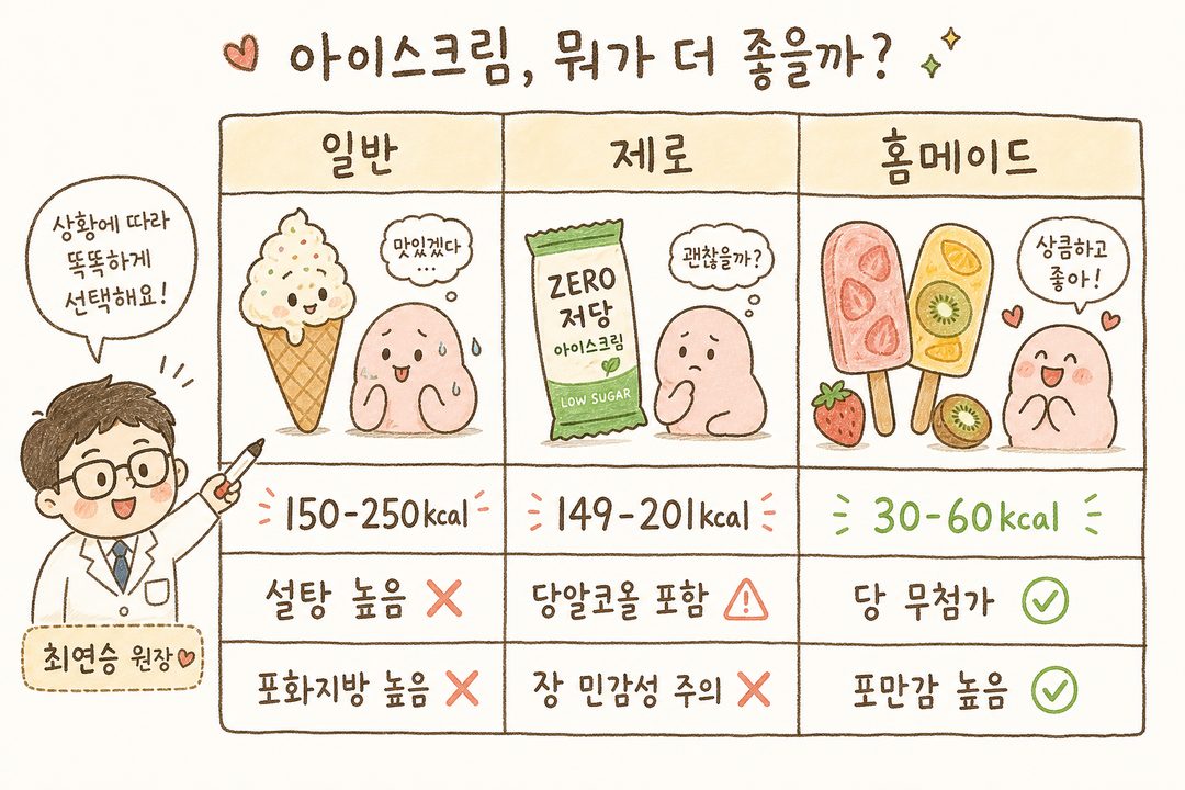 分为三列的对比表:“普通冰淇淋 vs 零糖/低糖冰淇淋 vs 自制水果冰棒”,每列清晰显示产品图像、热量、糖分、脂肪信息并以颜色区分