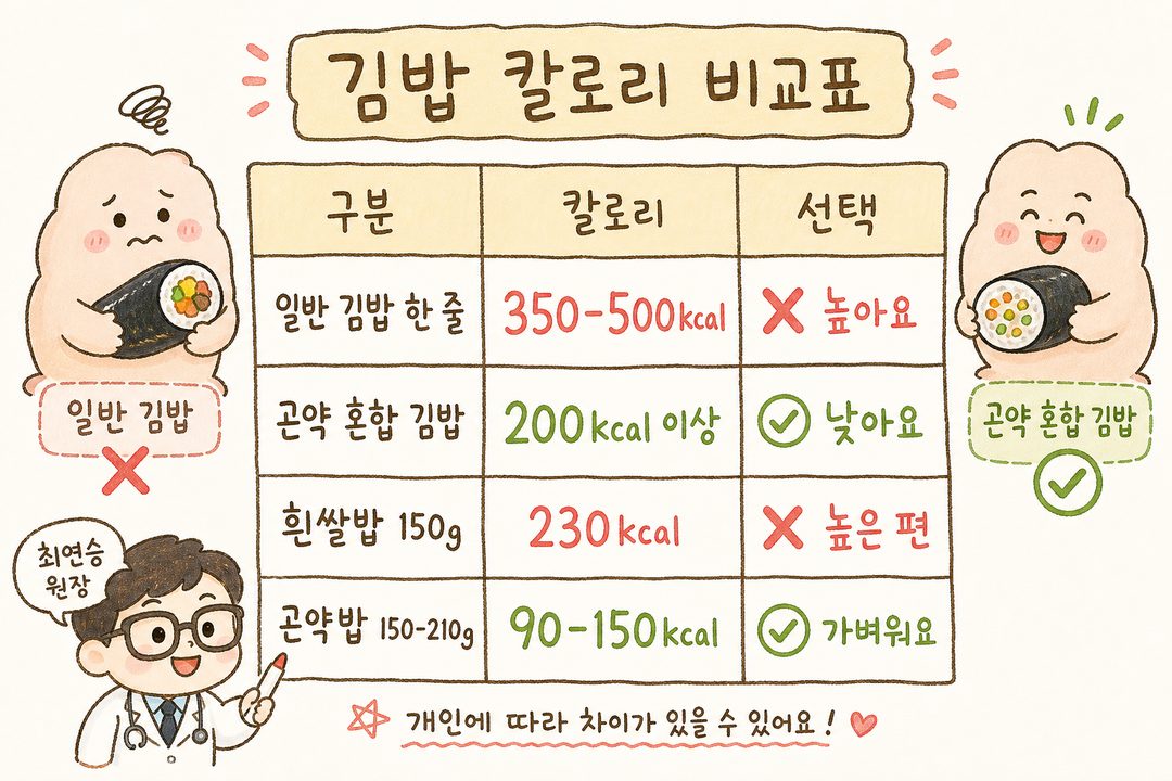 일반 김밥과 곤약 혼합 김밥의 칼로리를 대조하는 비교표. 왼쪽에 일반 김밥(높은 칼로리), 오른쪽에 곤약밥 김밥(낮은 칼로리)을 시각적으로 배치하여 차이를 직관적으로 표현. 흰쌀밥