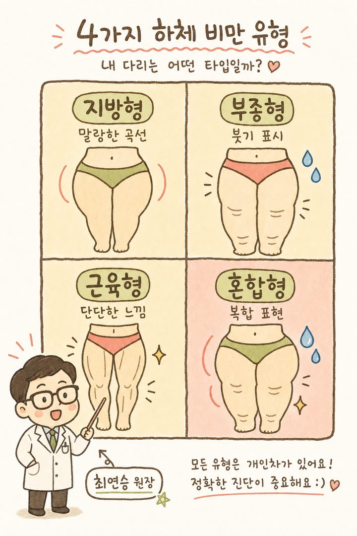 2x2 분류 그리드로 4가지 하체비만 타입을 시각화. 각 셀에 타입 이름과 특징을 간단한 신체 실루엣·아이콘으로 표현. 지방형(부드러운 곡선), 부종형(붓기 표시), 근육형(단단한