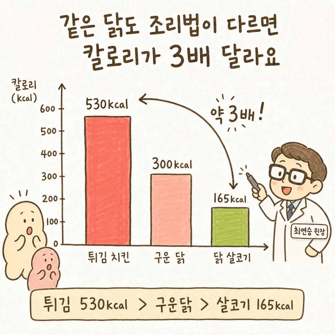 막대 차트로 같은 음식의 조리법 따른 칼로리 차이를 명시. 좌측 튀김 치킨 530kcal(빨강), 중앙 구운 치킨(중간색), 우측 닭 살코기 165kcal(초록). 3배 차이를 직