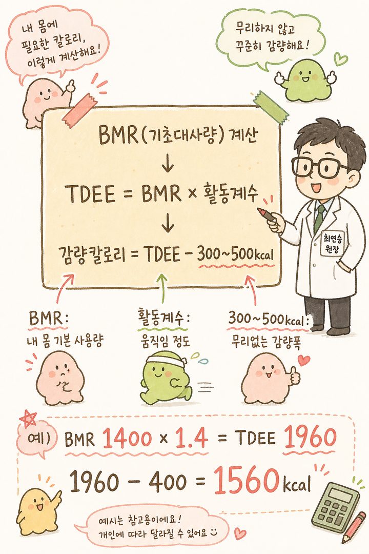 BMRとTDEEの計算公式をボックス形式で整理、矢印と掛け算記号で段階を連結、数字と変数を明確に表示