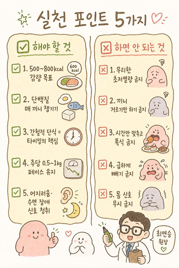 5가지 실천 포인트를 ✅체크박스 리스트로 정렬: (1)500800kcal 감량, (2)끼니마다 단백질, (3)간헐적 단식의 진정한 의미, (4)주당 0.51kg 유지, (5)신