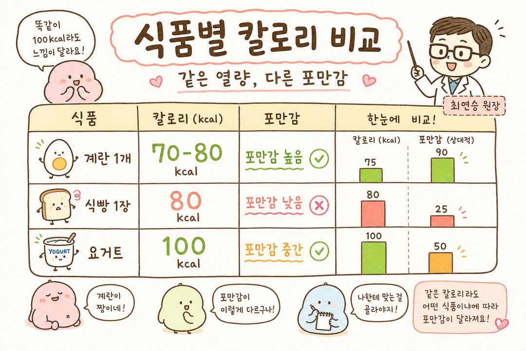 식품별 칼로리·포만감 비교표: 계란 1개(70-80kcal/포만감 높음) vs 식빵 1장(80kcal/낮음) vs 요거트(100kcal/중간). 막대그래프로 시각화