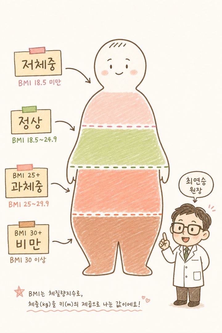 인체 실루엣 옆에 BMI 범위별 상태를 화살표 라벨로 표시. 저체중·정상·과체중(25+)·비만(30+)이 색상과 함께 명확하게 구분되고 각 범위의 의료적 의미 강조