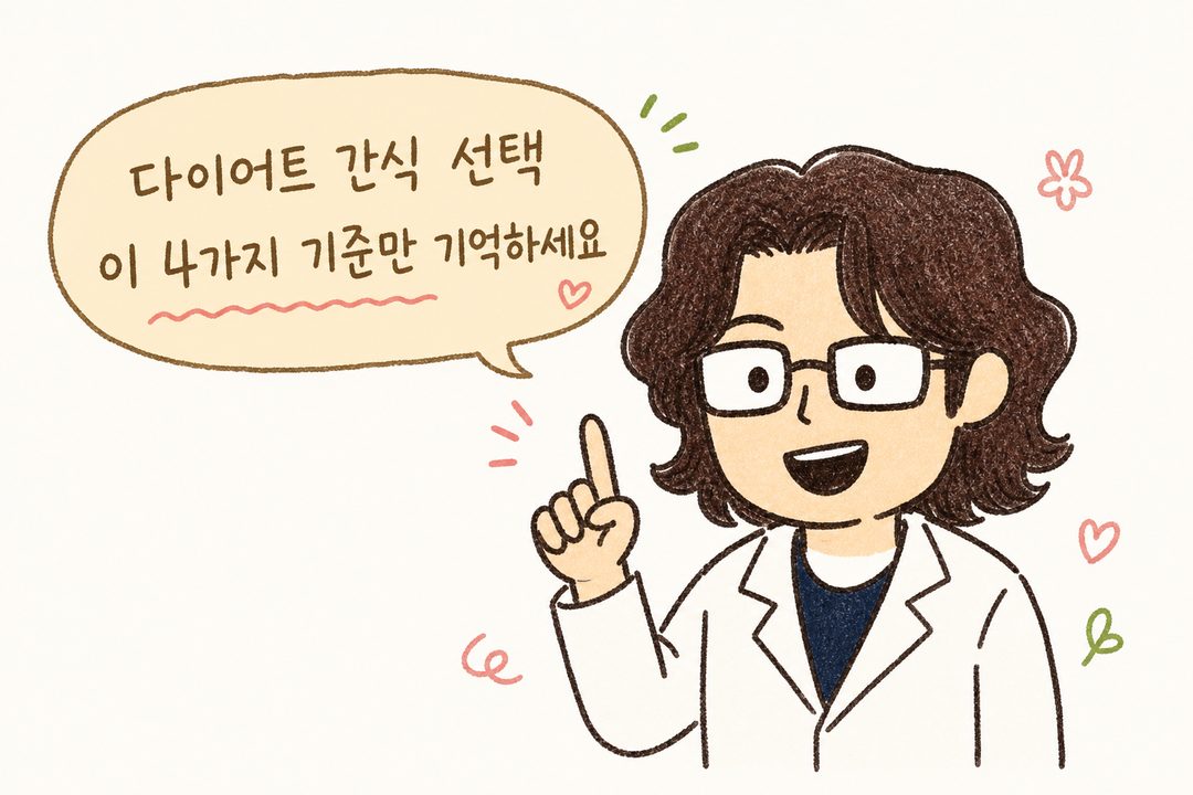 A friendly female doctor character greeting readers while introducing diet snack selection criteria