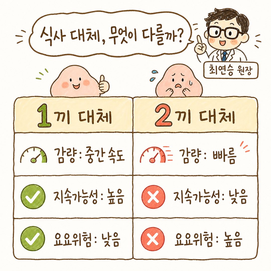 좌우 대조 체크리스트. 좌측 ❌(피해야 할 것): 쉐이크만 계속 마신다, 열량만 줄인다, 식이섬유 무시. 우측 ✅(올바른 방법): 1끼 대체만, 단백질 충분, 비타민·미네랄 챙기기