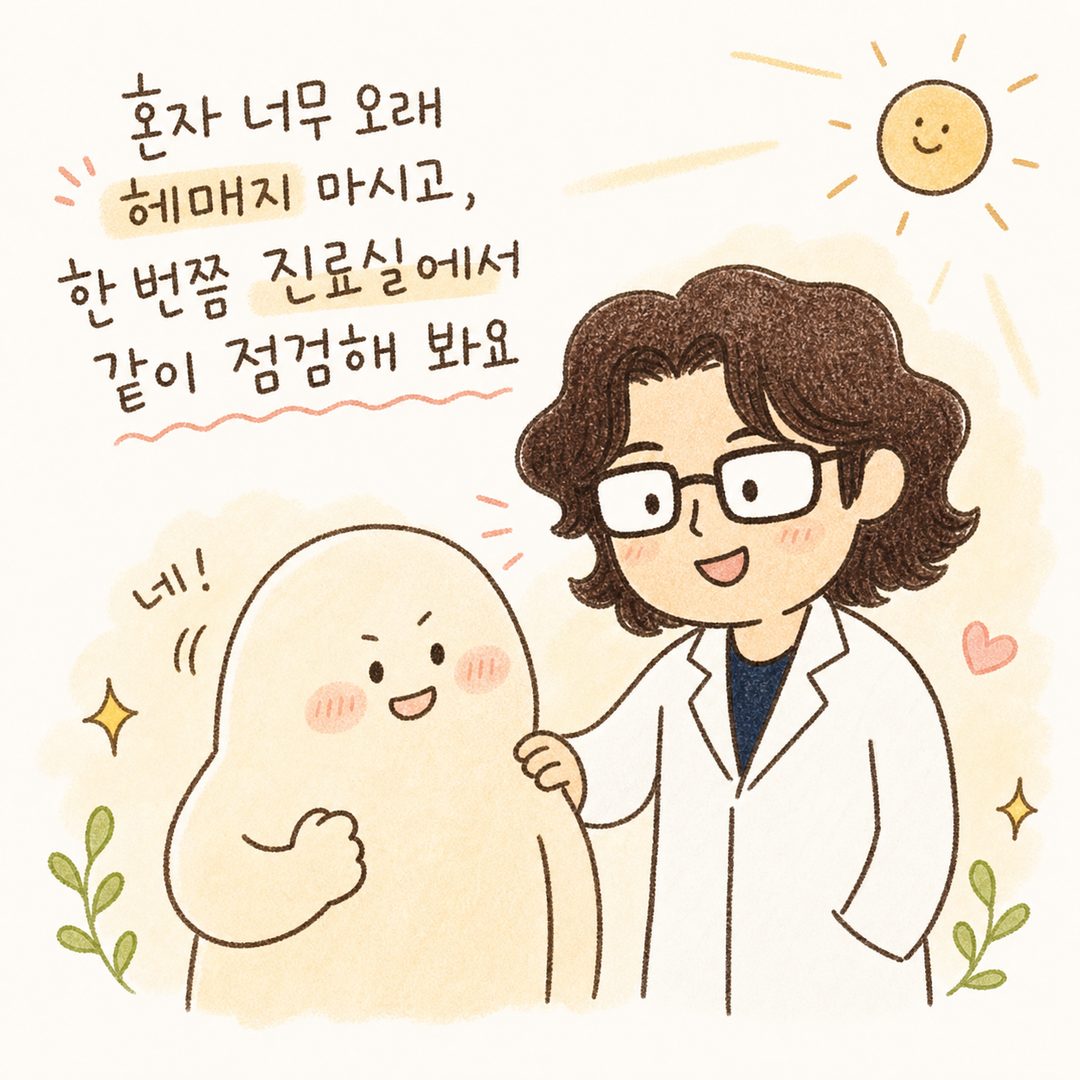 院長帶著溫暖微笑站在患者身旁,手搭在肩膀上給予鼓勵,背景陽光明亮氛圍充滿希望,患者點頭表示安心並露出堅定的表情回應